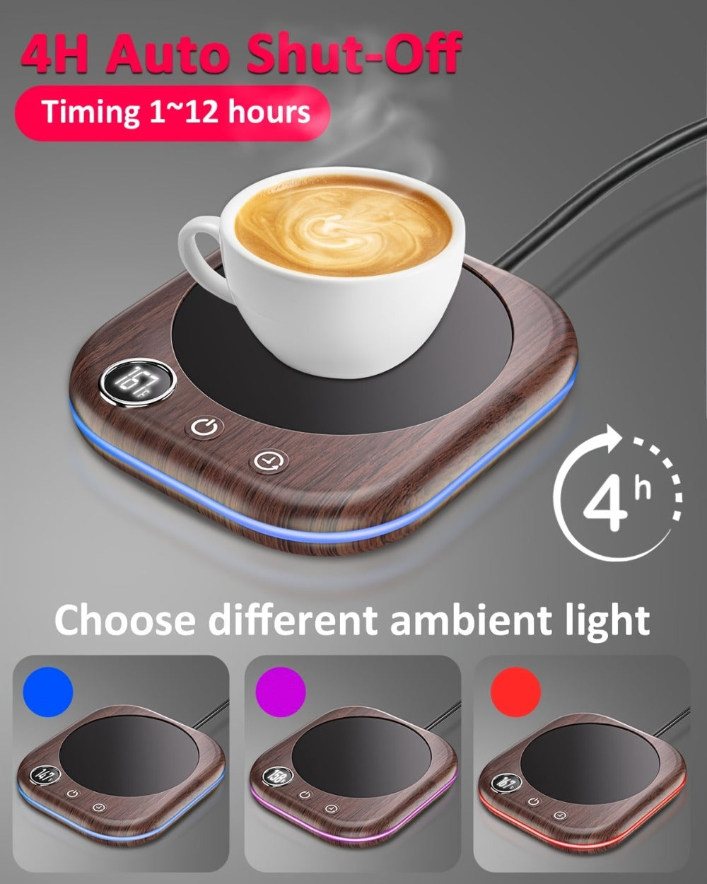 Smart Electric Coffee Mug Warmer 40W ¨C Desktop Coffee Cup Thermos with Temperature Display, 3 Heat Settings, 1¨C12 Hour Timer & 4-Hour Auto Shut-Off, Keeps Coffee Tea Milk Cocoa Warm ¨C Wood Grain Father's Day Gift