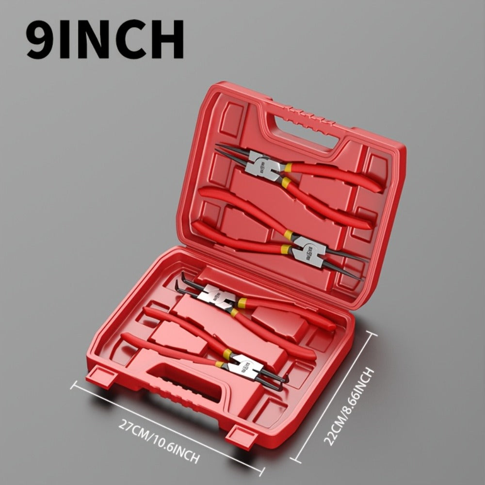 Snap Ring Pliers Set 4pcs - 7 & 9 Inch Straight Curved Jaw Internal External Circlip Pliers Spring Loaded Precision Retaining Ring Tool with Storage Box or Bag