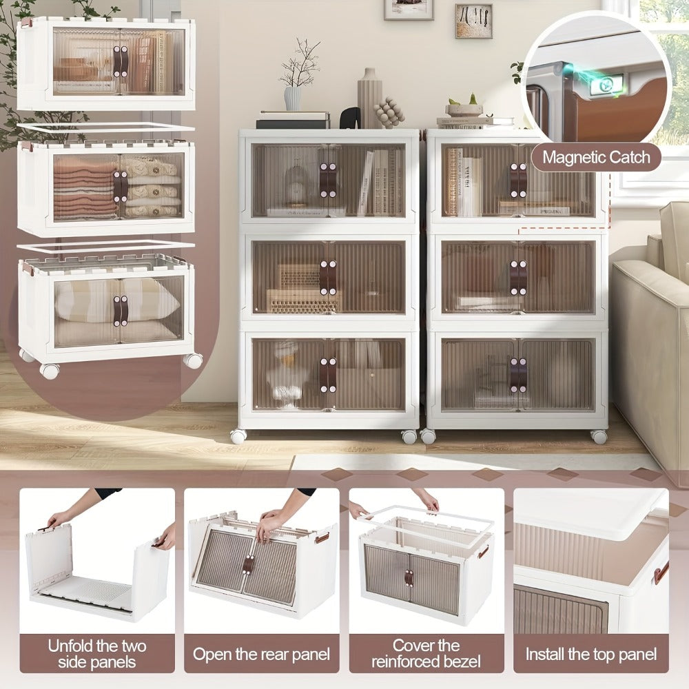 Stackable Storage Bins with Wheels & Drawers | Open Front Foldable Storage Organizer Bins for Home Bedroom Clothes Books Toys Holiday Christmas Gift Storage
