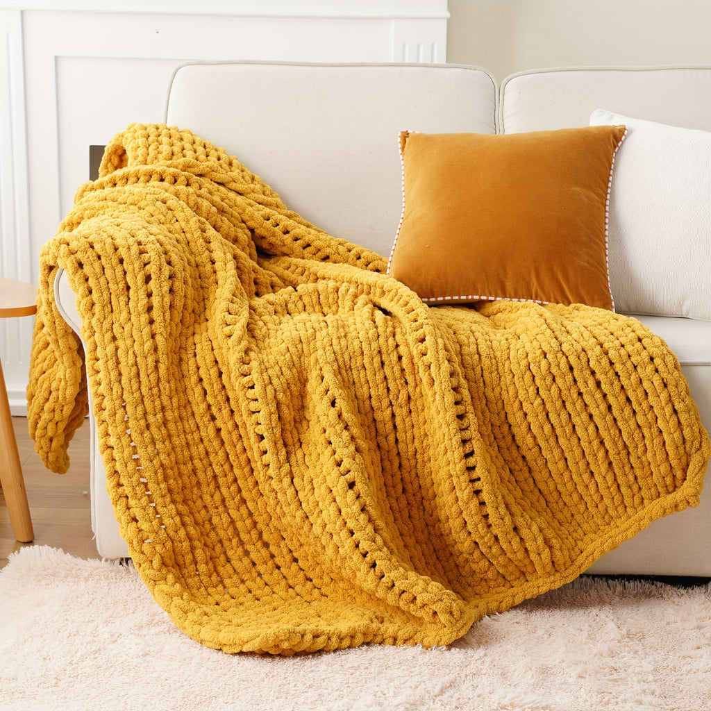 Chunky Chenille Cable Knit Throw Blanket ¨C 350-400gsm Soft Warm Crochet Throw for Sofa, Bed & Couch, Vintage Patchwork, 14 Colors
