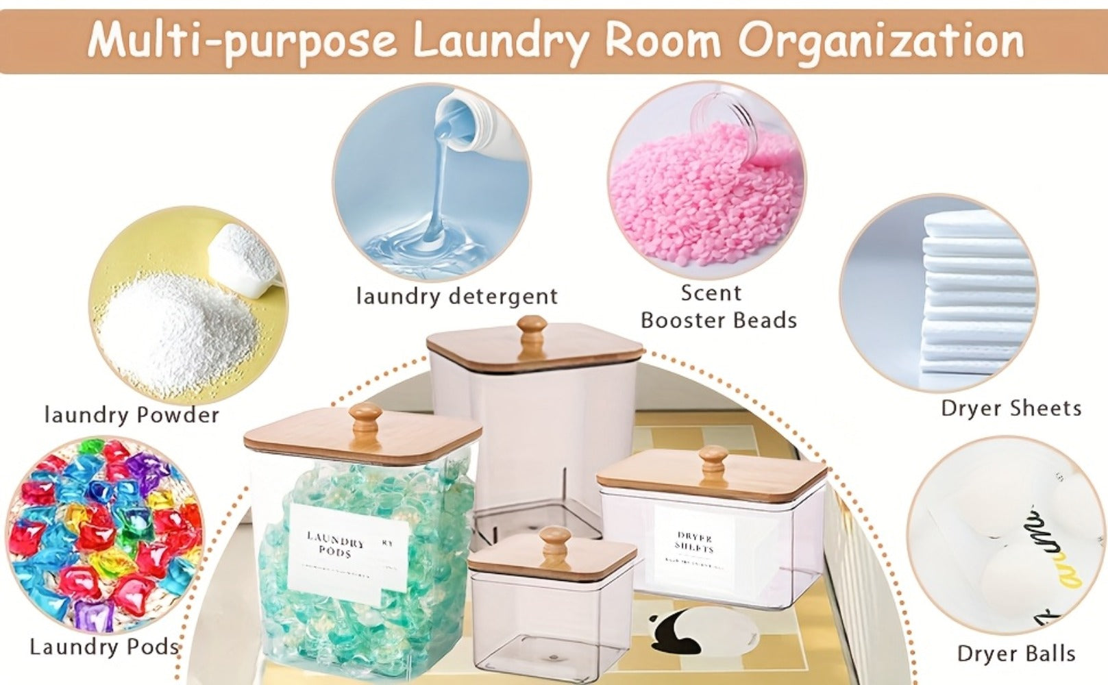 Laundry Pod Containers Set of 4 with Lids Scoops and Labels ¨C Laundry Room Organization Storage Canisters for Pods Detergent Dryer Balls Scent Beads Mixed Color