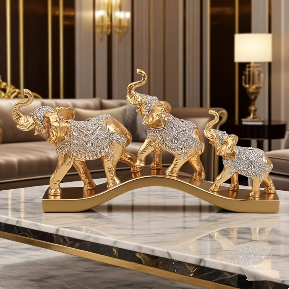 Golden Elephant Figurine Set of 3 - Lucky Elephant Statue Home Decor, Resin Elephant Family Sculpture for Living Room TV Cabinet Office Desktop, Wealth Attracting Housewarming Gift, 14 Inch
