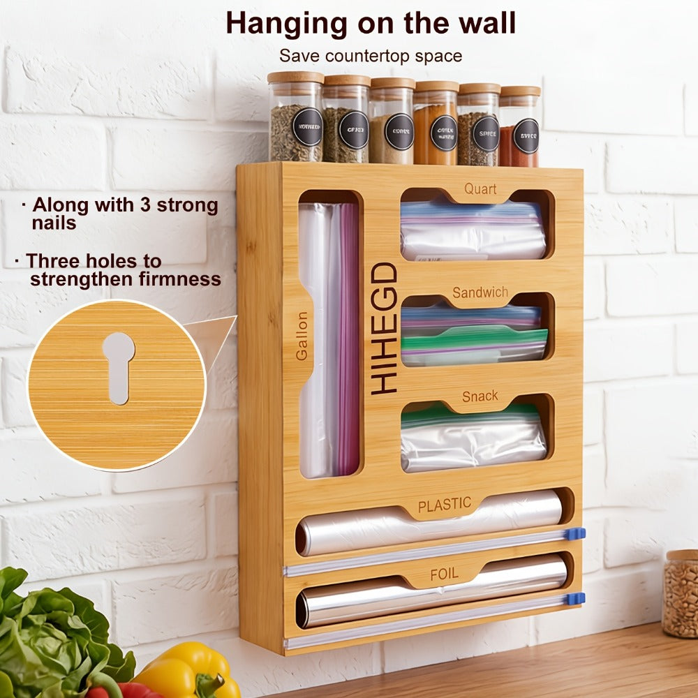 Bamboo Wrap Dispenser 6-in-1 Kitchen Organizer ¨C Built-In Cutter, 6-Grid Storage Box for Plastic Wrap, Aluminum Foil & Bags, Space-Saving Drawer Organizer for Pantry & Kitchen Counter