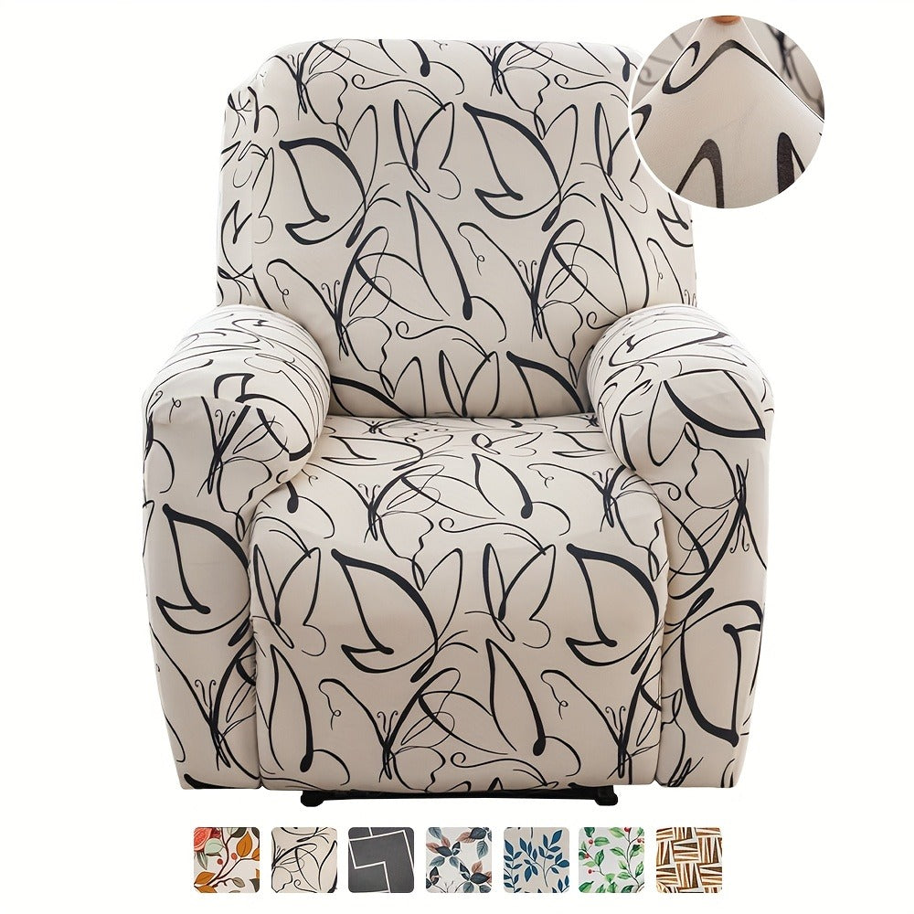 Recliner Slipcover 4pcs Extra Large with Pocket - Spandex Stretch Four Seasons Furniture Protector | Botanical Geometric Prints | Living Room Home Decor Sofa Chair Cover