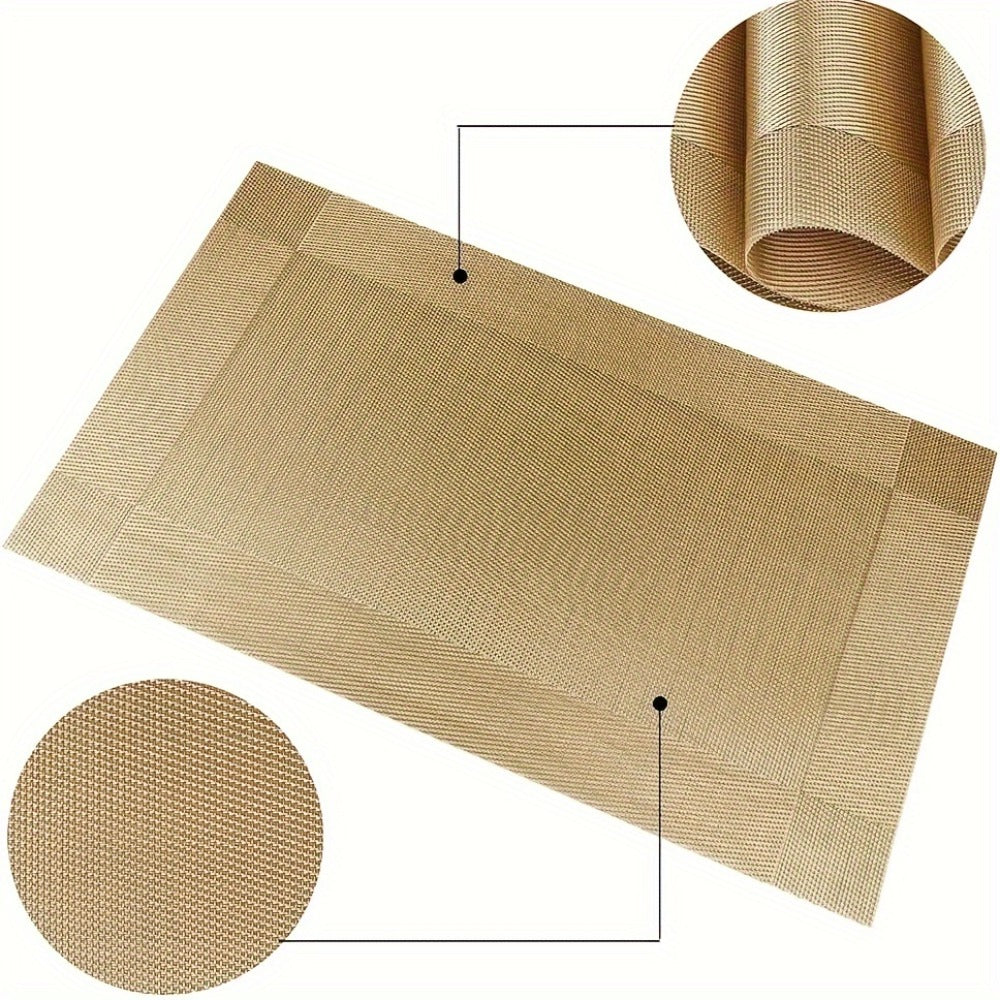 PVC Placemats Set of 6 Heat Resistant Non-Slip Washable Table Mats for Kitchen Dining Table, Easy Clean Vinyl Dinner Mats 11.8x17.7 Inch (Golden, Brown, Silver)