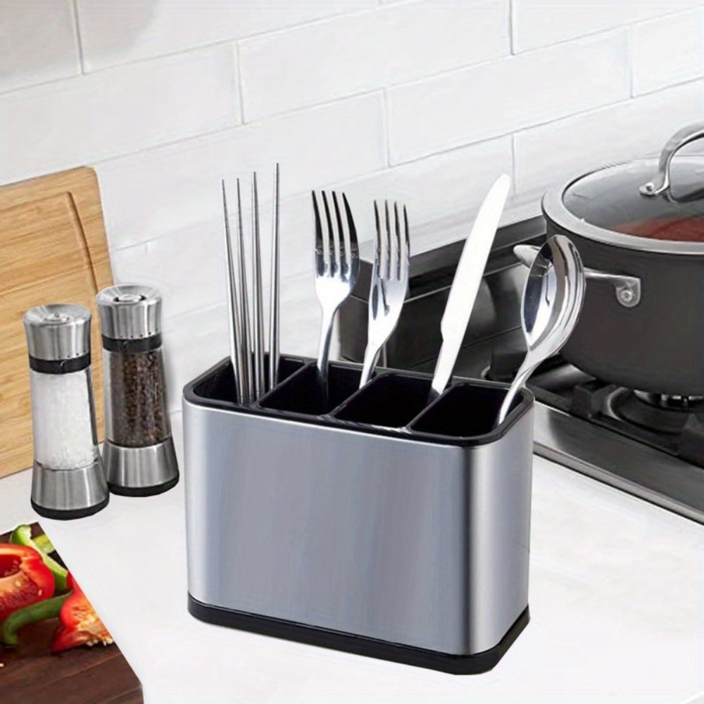 Utensil Holder Stainless Steel Cutlery Organizer 4-Compartment Countertop Caddy Anti-Slip Drain Holes for Kitchen Forks Knives Spoons Chopsticks