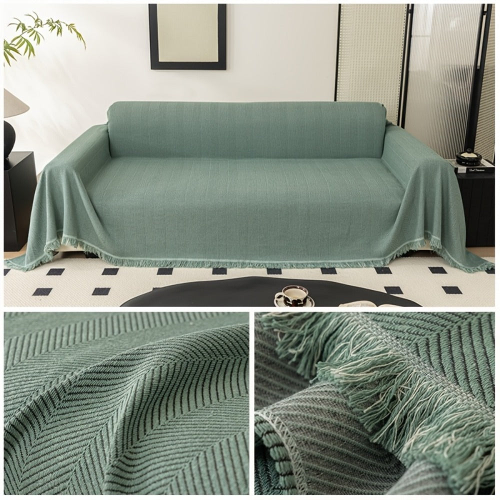 Herringbone Sofa Throw Cover with Tassels Jacquard Woven Solid Color Washable Polyester Sofa Blanket Slipcover for 3 4 Seater Couch Living Room - Grey Coffee Green Blue