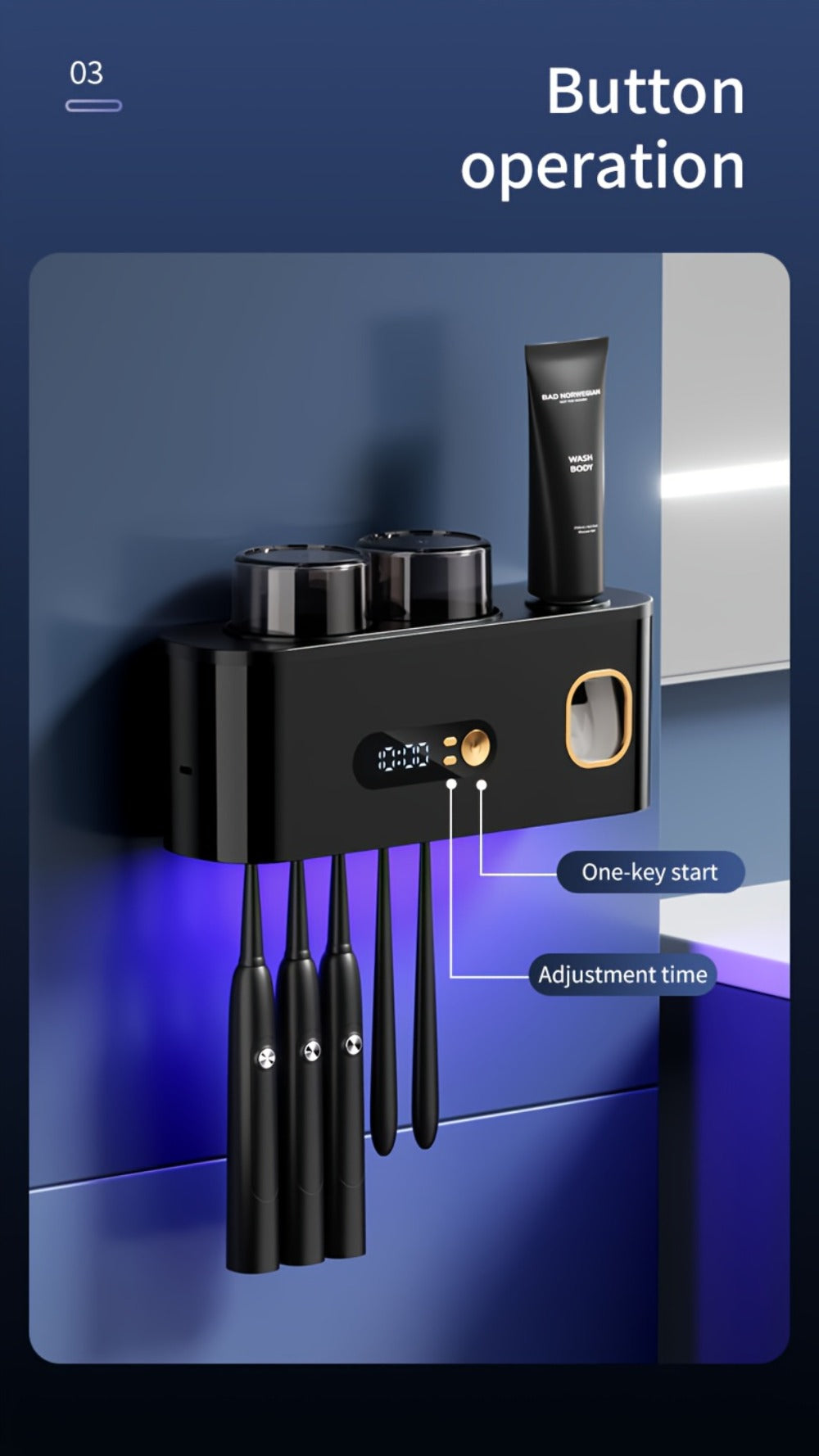 Toothbrush Holder with UV Sterilizer & Automatic Toothpaste Dispenser ¨C 5-Slot Smart Bathroom Organizer with 2 Cups, USB Rechargeable, Clock Display, Durable Plastic Wall Mount for Family Oral Care