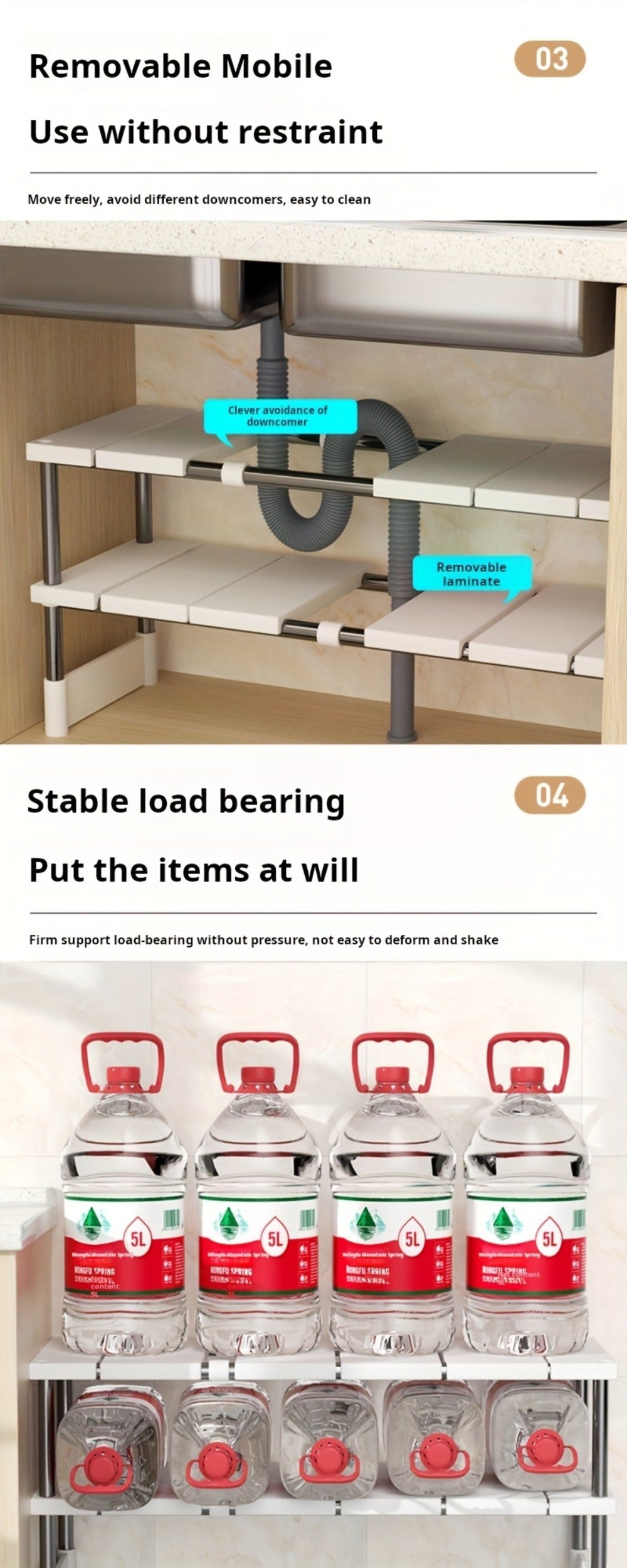 Under Sink Organizer Adjustable - Stainless Steel and Plastic Cabinet Storage Shelf for Kitchen and Bathroom, Space Saving Single Layer Rack for Pots Cleaning Supplies and Toiletries, Multi-Functional Under Cabinet Organizer and Storage