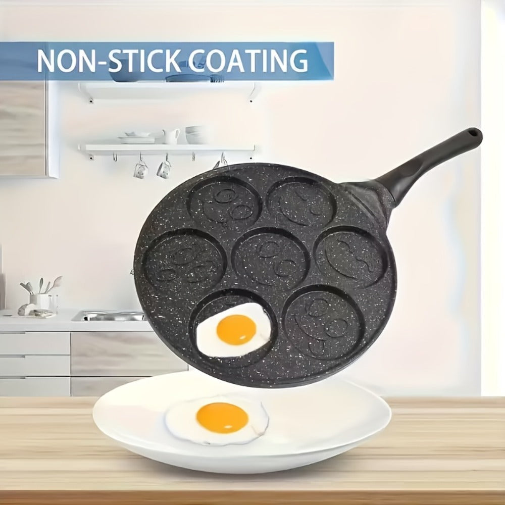 Non-Stick Pancake Pan 7-Hole Smiley Face ¨C Fun Breakfast Egg & Bacon Frying Tray for Kids & Family, Easy to Clean, Mini Pancake Maker Baking Pan Kitchen Cooking Tool
