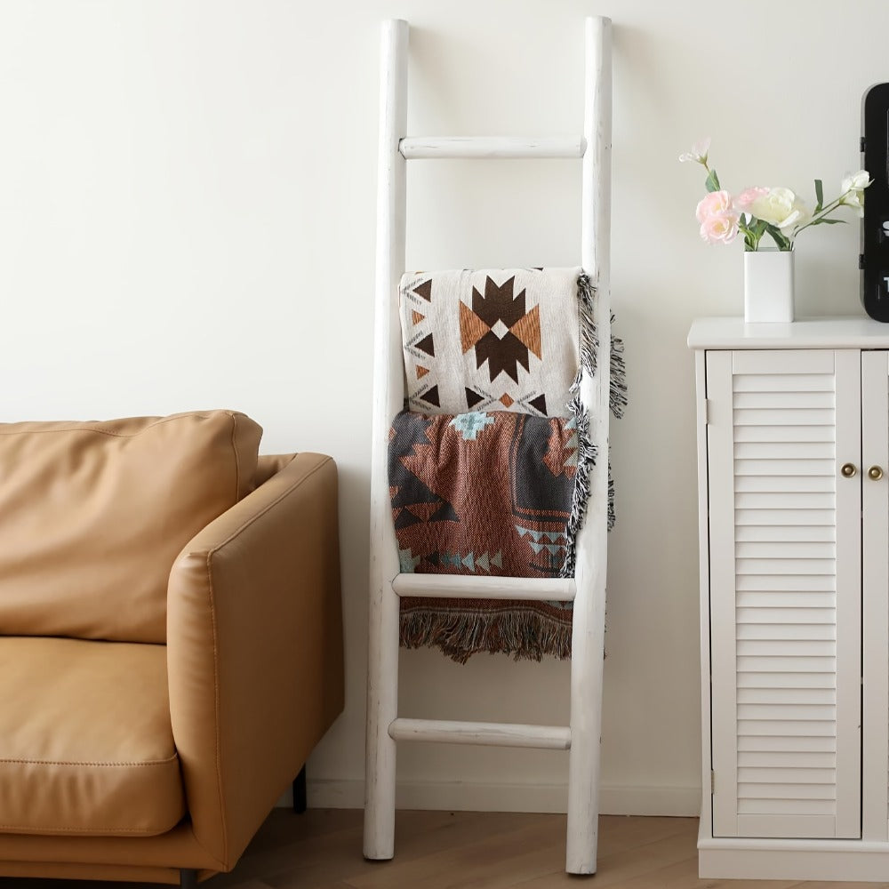 Blanket Ladder 57 Inch Wood Freestanding Farmhouse Quilt & Towel Display Rack - Rustic Wooden Wall Leaning Holder for Living Room, Bedroom & Bathroom Decor, Available in Brown, Black & White