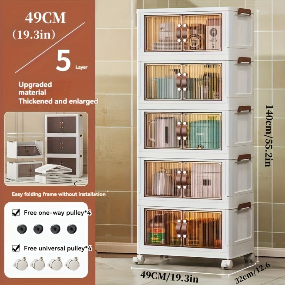 Foldable Storage Cabinet with Wheels & Lid ¨C Stackable Closet Organizer for Clothes, Bedding & Bedroom, Space-Saving Wardrobe Box for Bedroom, Game Room, Dorm, 48QT Multi-Layer