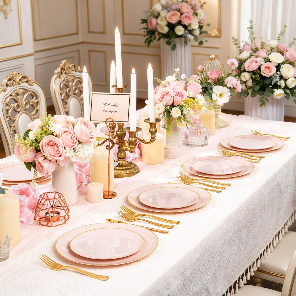 Disposable Plastic Plates Set 50 Piece - Pink Gold Rim Party Tableware with Dinner Plates, Dessert Plates & Utensils for Birthday Wedding Holiday