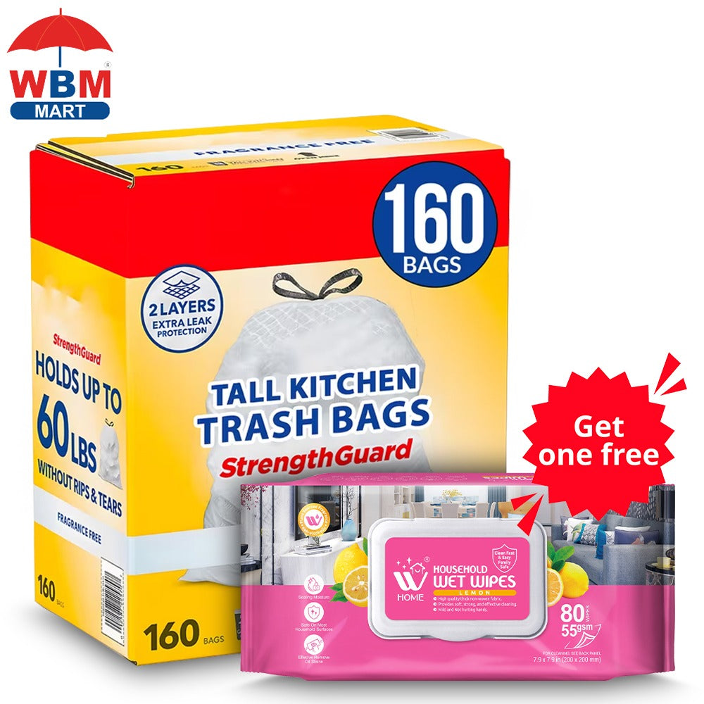 13 Gallon Kitchen Trash Bags 160 Count - Drawstring Tall Kitchen Garbage Bags Fragrance Free Leak Proof Heavy Duty