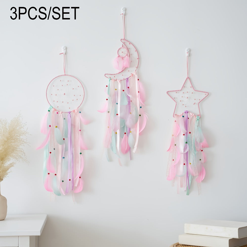 Dream Catcher Set of 3 - Moon Sun Star Wall Hanging Decor for Bedroom, Boho Room Decor for Teen Girls Kids, Princess Bedroom Decoration, 8 Inch Metal Hoop, Pink White Black Brown, Nursery Wall Art Gift