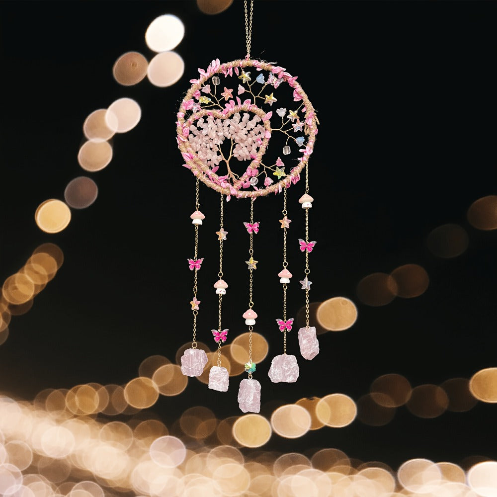 Boho Crystal Wall Hanging Decor ¨C Handmade Stone Bead Wind Chime with Colorful Gemstone Heart & Circular Crystal Pendant for Bedroom Living Room Christmas Mother's Day Thanksgiving Gift (Purple/Pink/Green)
