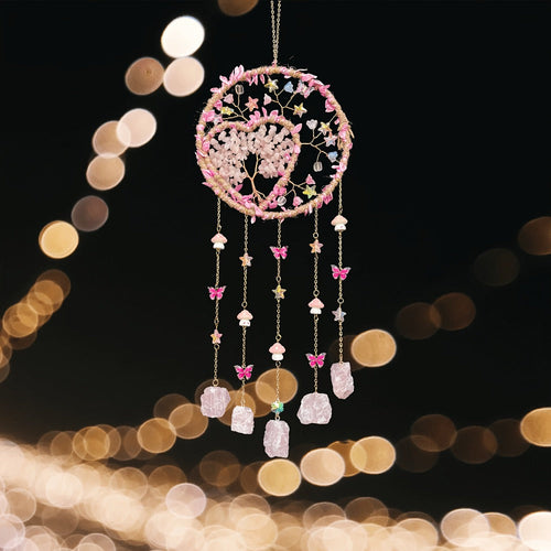 Boho Crystal Wall Hanging Decor ¨C Handmade Stone Bead Wind Chime with Colorful Gemstone Heart & Circular Crystal Pendant for Bedroom Living Room Christmas Mother's Day Thanksgiving Gift (Purple/Pink/Green)
