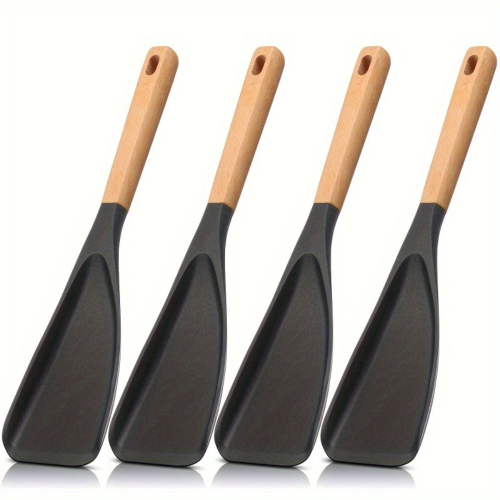 Silicone Cooking Spoon with Wooden Handle 12 Inch - Heat Resistant Nonstick Safe Kitchen Spoon for Cooking Serving Mixing Scraping, BPA Free Silicone Utensil, Black, 2 or 4 Pack