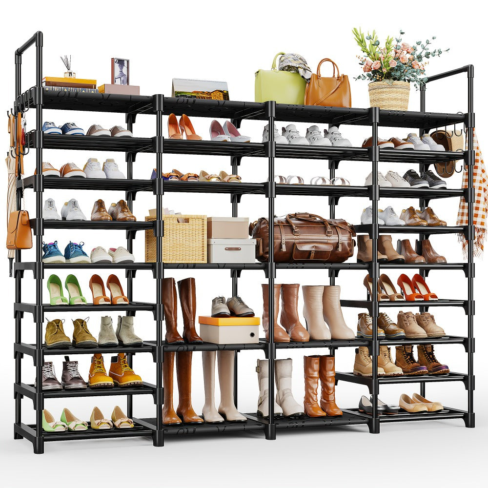 Large Metal Shoe Rack 4-Row 9-Tier Freestanding Shoe Organizer for Entryway Bedroom Hallway | 64-Pair Capacity Shoe Tower with Golden Tubes DIY Adjustable Shelves Space-Saving Vertical Shoe Storage