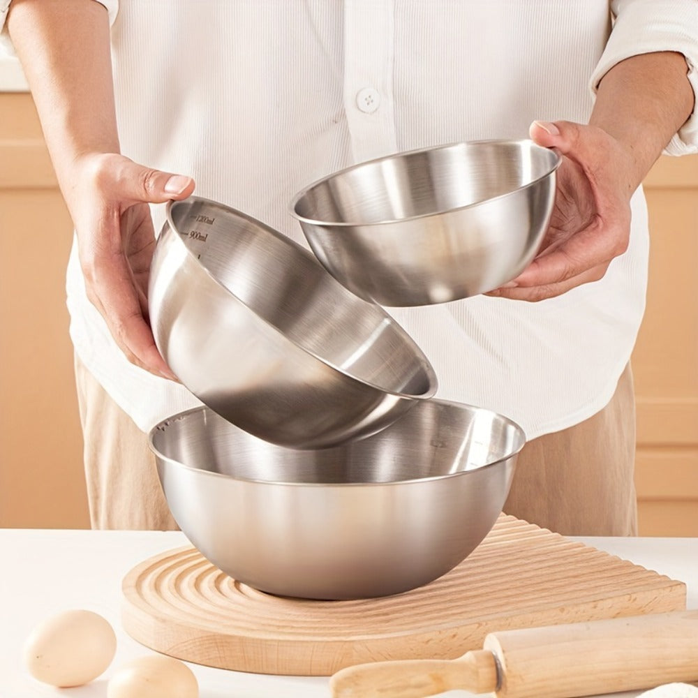 Stainless Steel Mixing Bowl Set 3-Piece with Measuring Marks ¨C Small Medium Large Nesting Bowls for Cooking, Baking & Food Prep, Durable 304 Stainless Steel Salad Bowl Set for Kitchen & Restaurant