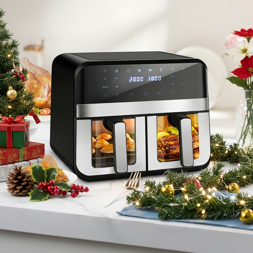 Dual Basket Air Fryer 9.5Qt ¨C 2x4.75Qt Independent Zones, Smart Finish Match Cook, 2400W, 8 Presets, Air Fry Roast Bake Grill, Energy Saving Family-Size Double Basket Air Fryer