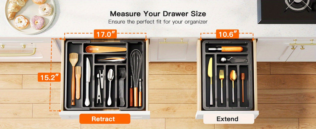 Expandable Cutlery Tray Drawer Organizer Adjustable Silverware Holder with Labels | Kitchen Drawer Organizer for Knives Forks Spoons Utensils | Bamboo & Black Drawer Divider for Kitchen Bedroom Office