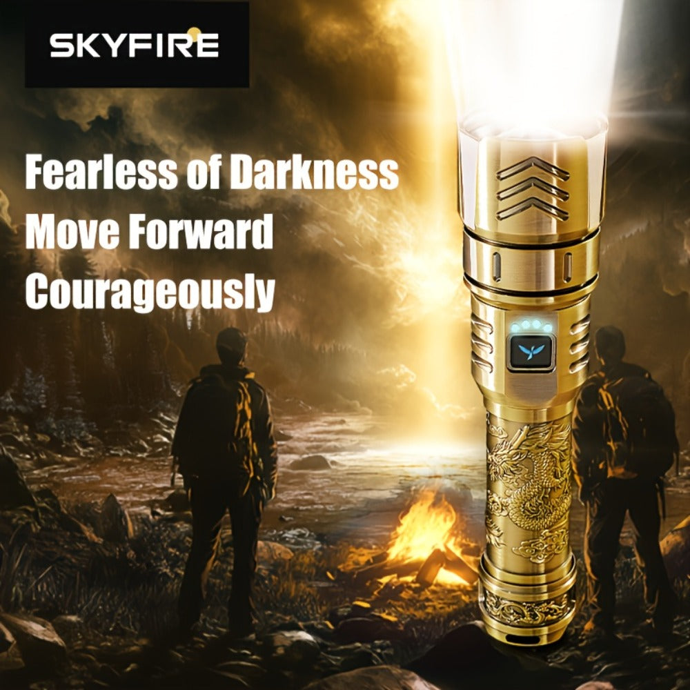 Tactical LED Flashlight 5000mAh Rechargeable Zoomable with Ignition Lens ¨C 4 Modes High Brightness Golden Dragon Pattern Spotlight for Camping Outdoor Hiking Emergency Household Use