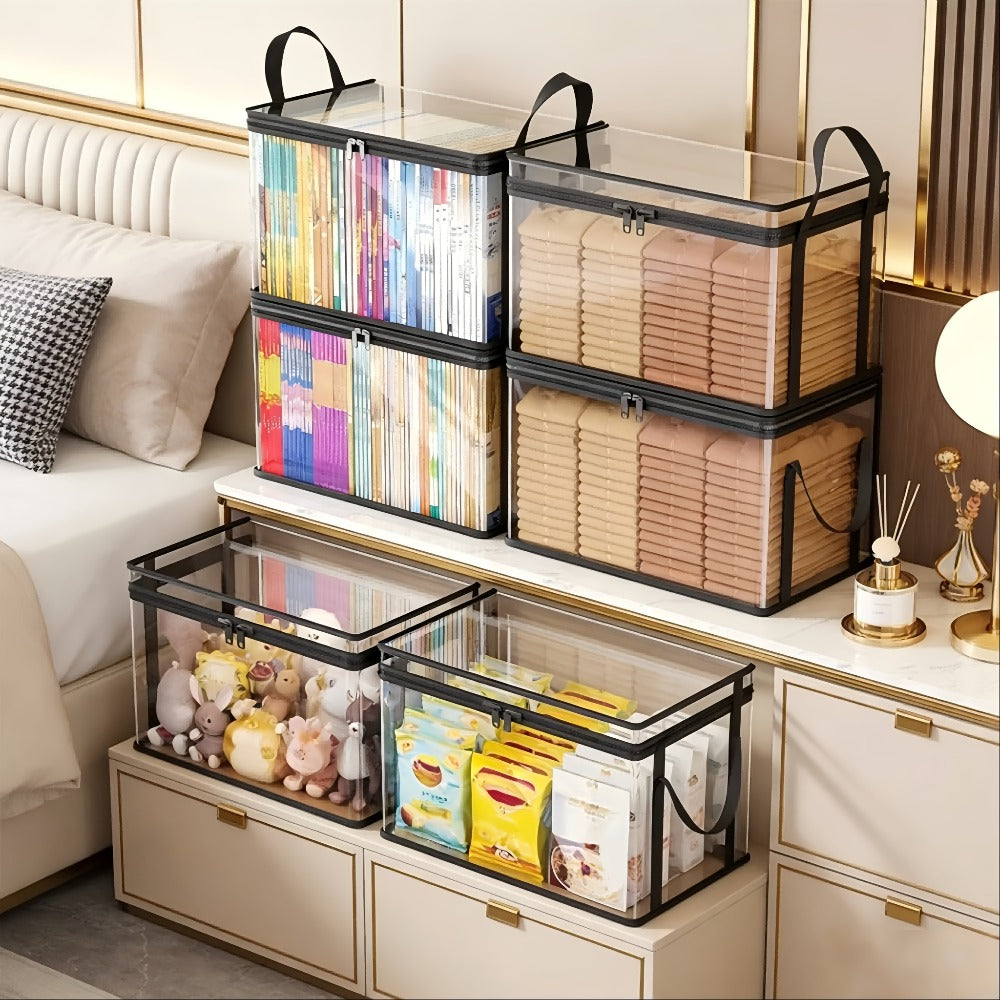 Clear Plastic Storage Box with Snap-Fit Lid, Stackable Organizer Bins 3 or 4 Pack, Large Capacity Heavy Duty Containers for Clothes Books Bedding Snacks, Home Office Travel Space-Saving Storage