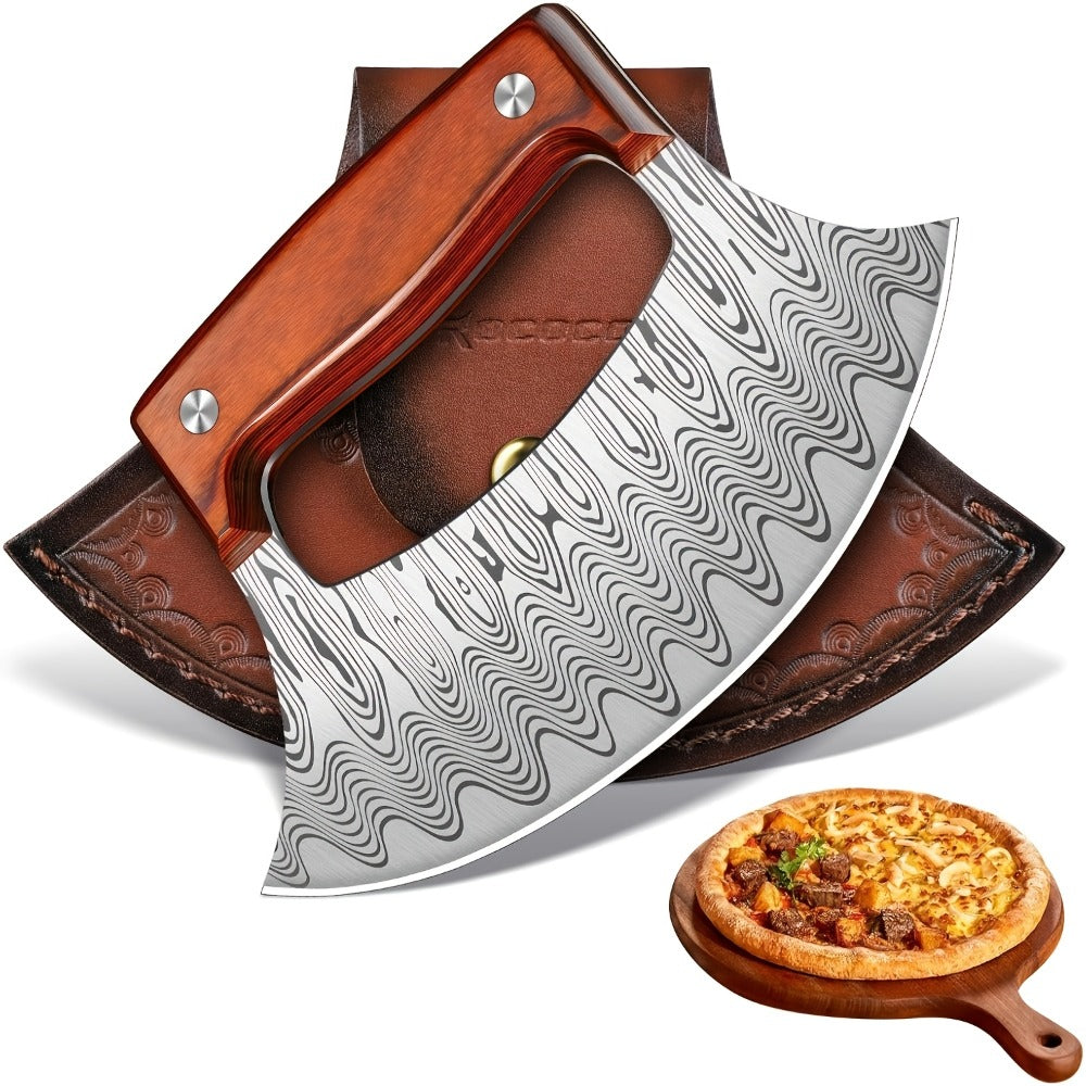 Hand-Forged Ulu Knife Rocker Blade High Carbon Steel Full Tang Rosewood Handle with Leather Sheath & Gift Box, Mezzaluna Chopping Knife for Kitchen Camping BBQ, Chef Gift for Men