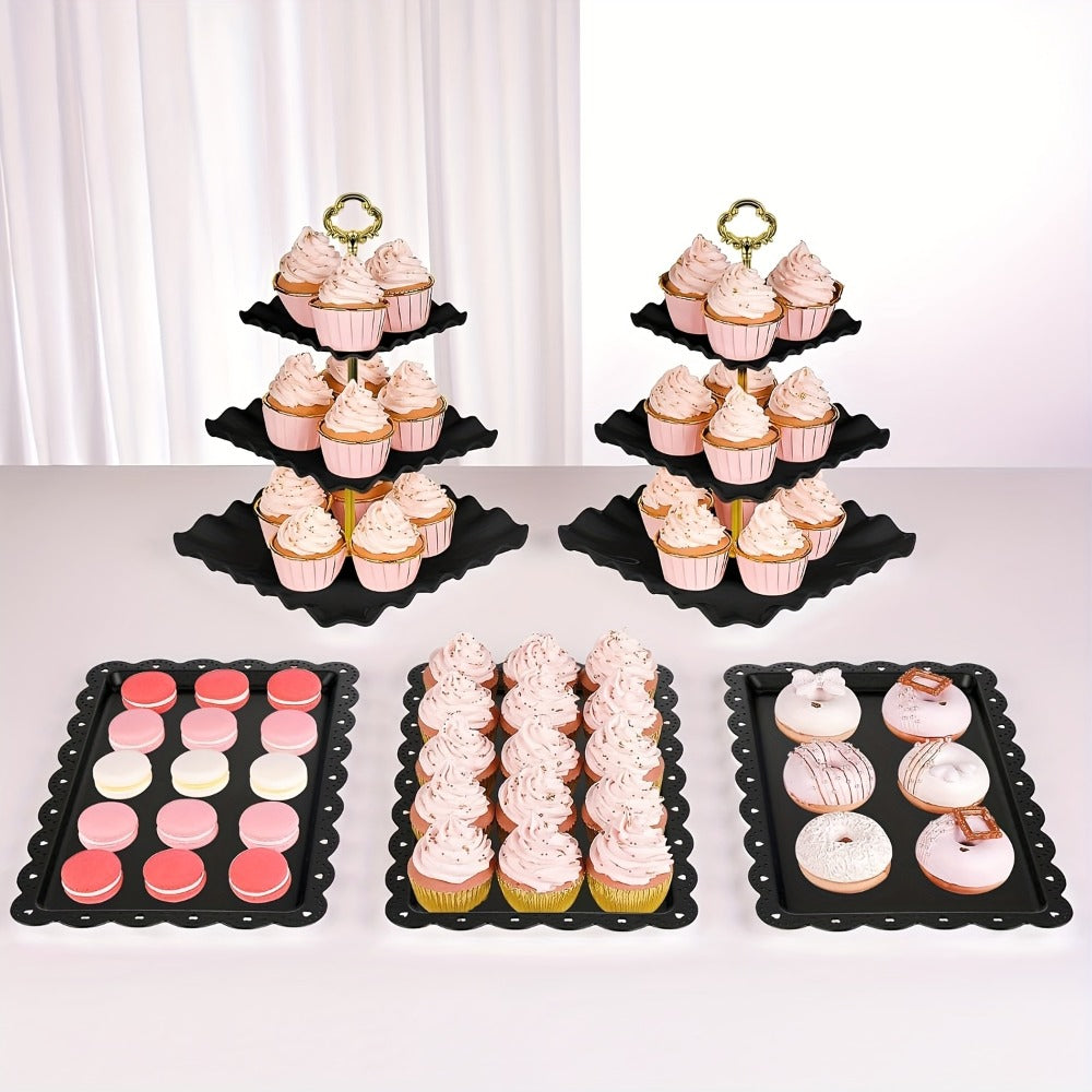 Cake Stand Set 5 Piece ¨C 2 Square Three-Tier Cupcake Stands & 3 Appetizer Trays for Birthday, Baby Shower, Bridal Shower, Christmas, Halloween Party Dessert Display