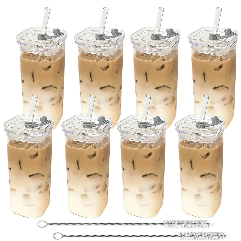 Square Glass Cups with Lids and Straws Set - 13oz BPA-Free Coffee Drinking Glasses for Home Office Outdoor