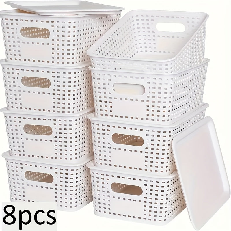 Storage Basket Set with Lids 8pcs ¨C Plastic Desktop Organizer Bins for Document Storage, Shelf Organization & Home Office ¨C Flip-Top Lid Baskets, White