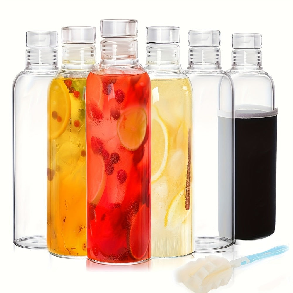 Borosilicate Glass Water Bottle Set of 6 with Lid Sleeve and Cleaning Brush ¨C 18oz Reusable Juice Bottles | Non-Slip Sports Drinking Vessels for Home Office Gym Travel