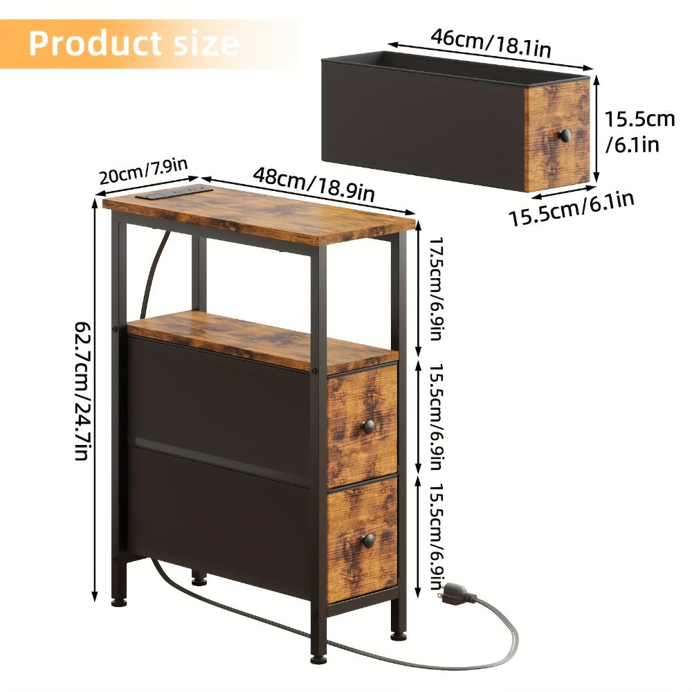 Nightstand with Charging Station Slim LED Bedside Table with Fabric Drawers, Narrow End Table for Small Spaces Bedroom Dorm Living Room Couch, Skinny Side Table Storage Unit Brown Black White