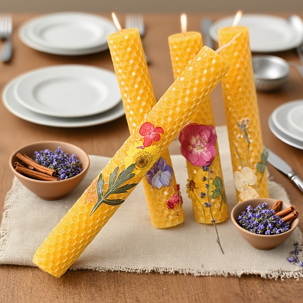 Floral Cone Candle Holders Set of 4 ¨C 10-Inch Decorative Beeswax Taper Candles for Holiday Parties, Valentine's Day & Mother's Day Gifting