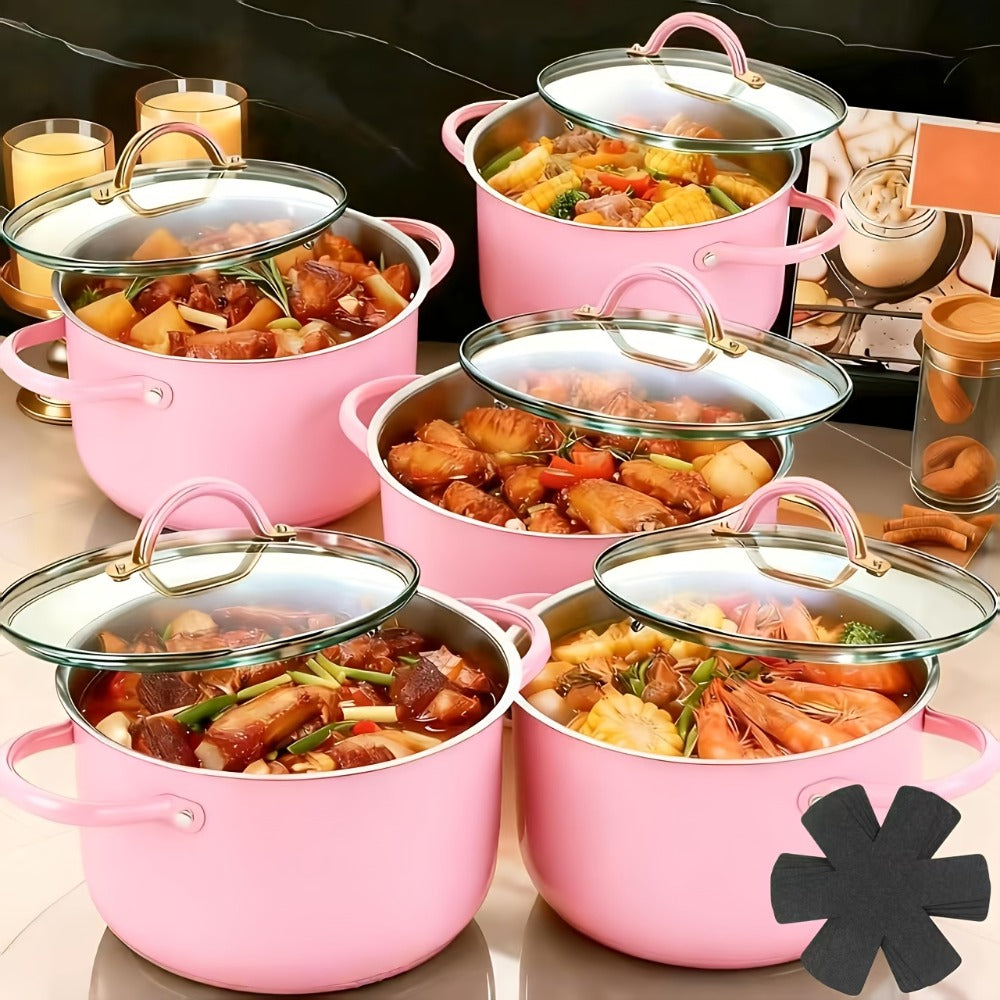 Stainless Steel Non-Stick Cookware Set 1 11 & 13 Piece ¨C Non-Toxic Dishwasher & Oven Safe Kitchen Cooking Set | Frying Boiling Stir-Fry Pots and Pans | Golden Silver Pink Orange Home & Catering