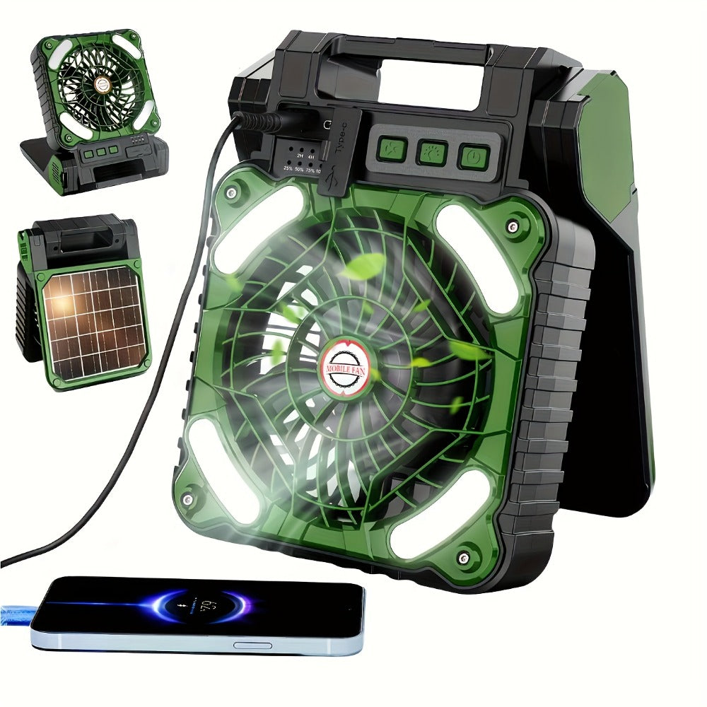 Solar Camping Fan 10400mAh Rechargeable with Solar Panel LED Light Timer USB Battery Powered 2-in-1 Fan and Light for Travel Picnic Outdoor Indoor Sleeping