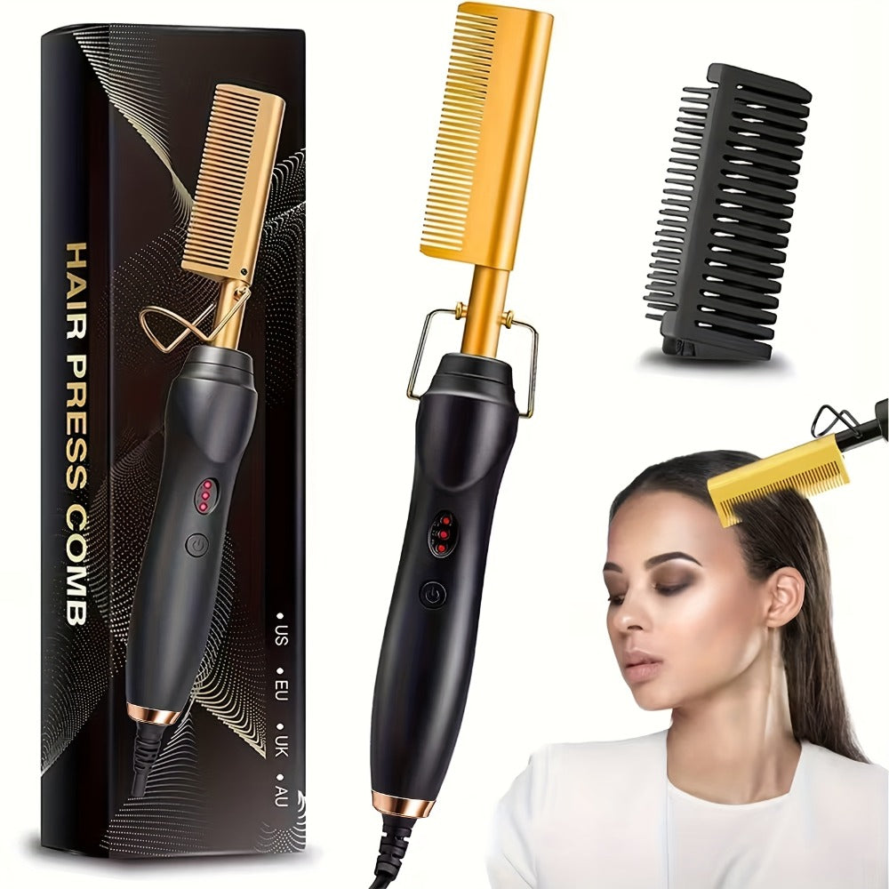 Electric Hot Comb Hair Straightener ¨C 3-in-1 Ceramic Pressing Comb for Natural Hair, Beard & Wigs, Curling & Straightening Iron with Protective Holder, Bonus 2 Clips & 1 Comb, Gift Ready