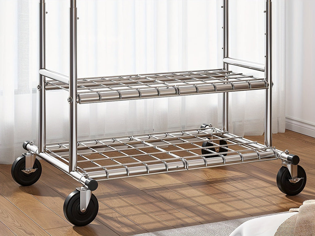 Heavy Duty Clothes Rack 630lbs Double Rod Rolling Garment Rack with Wheels Adjustable Height Width Freestanding Portable Clothing Stand with Bottom Shelves for Bedroom Closet Laundry Room Silver