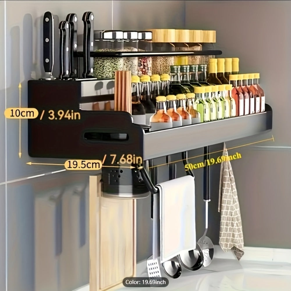 Kitchen Wall Mounted Storage Rack Double Layer ¨C No-Drill Organizer with Knife Slots, Chopstick Holder & Towel Bar, Space-Saving Floating Shelf for Kitchen Counter, 19.69 Inch (Black)