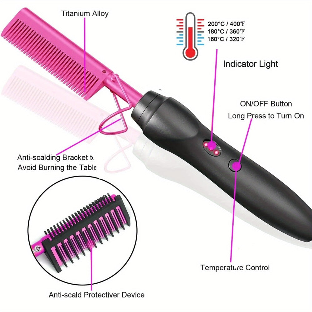 Electric Hot Comb Hair Straightener ¨C 3-in-1 Ceramic Pressing Comb for Natural Hair, Beard & Wigs, Curling & Straightening Iron with Protective Holder, Bonus 2 Clips & 1 Comb, Gift Ready