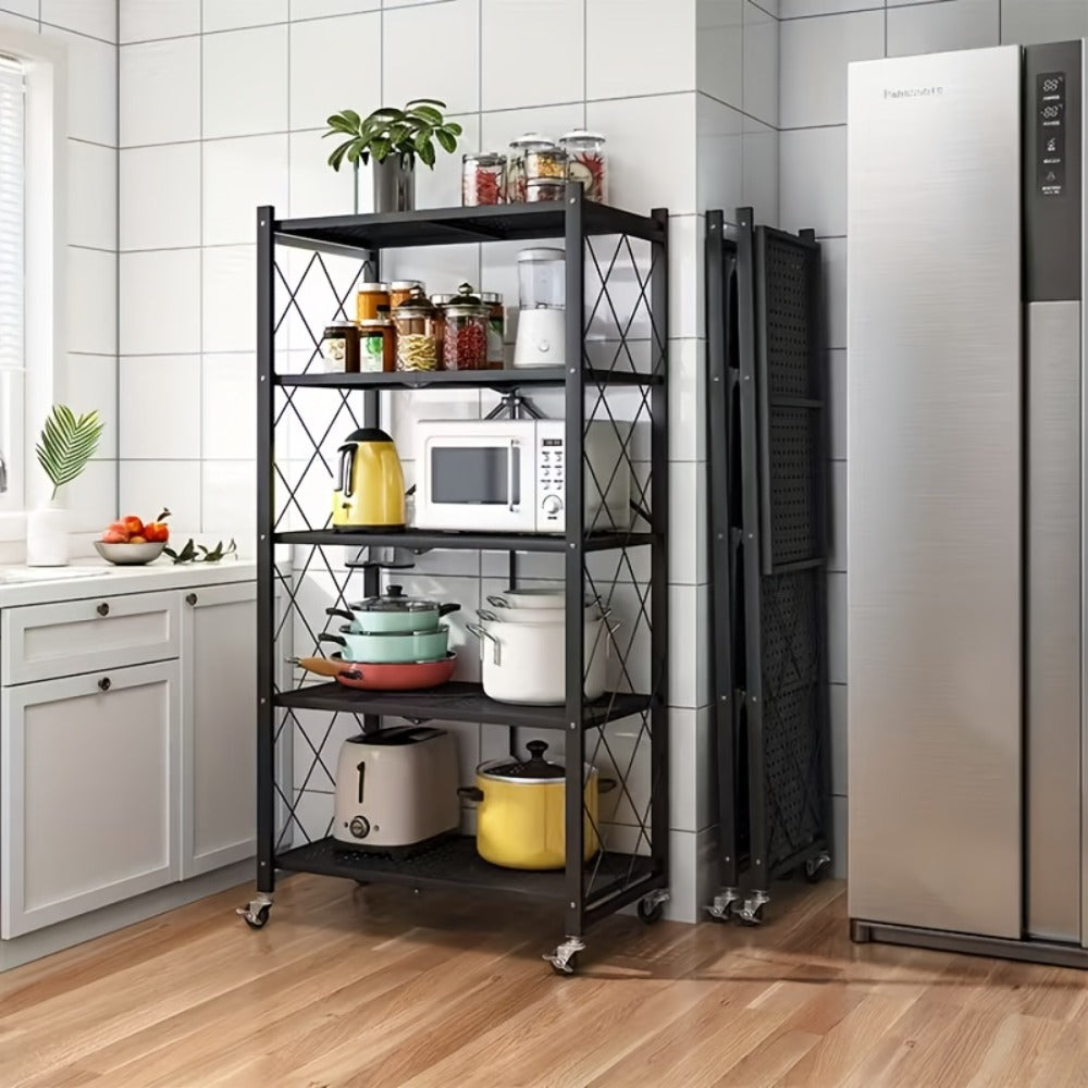 Rolling Storage Rack with Wheels 3 4 5 Tier Folding Shelving Unit No Assembly Required, Freestanding Metal Shelf Organizer for Kitchen Living Room Garage Office Basement, Black White