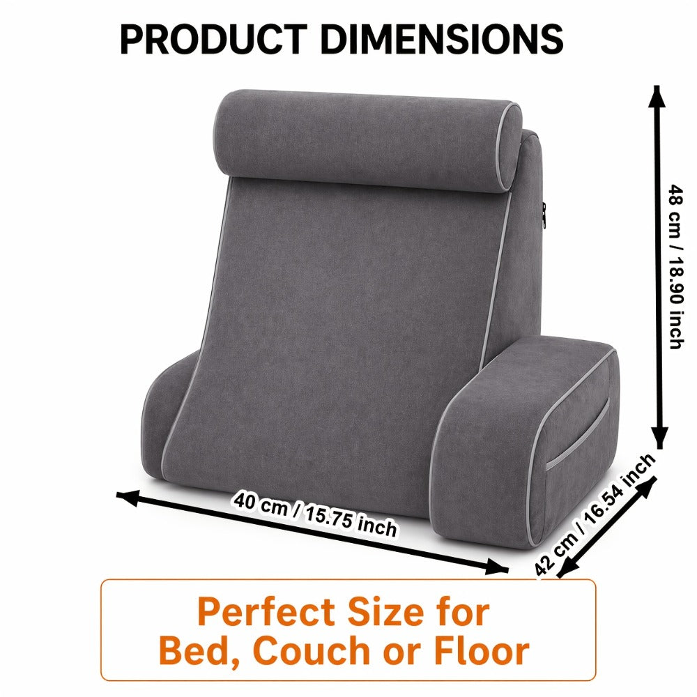 Reading Pillow for Adults Bed Rest Pillow with Arms 19 Inch Back Support Cushion Removable Washable Cover for Sitting Up in Bed Gaming Watching TV Reclining on Couch or Floor Backrest Wedge Pillow Grey