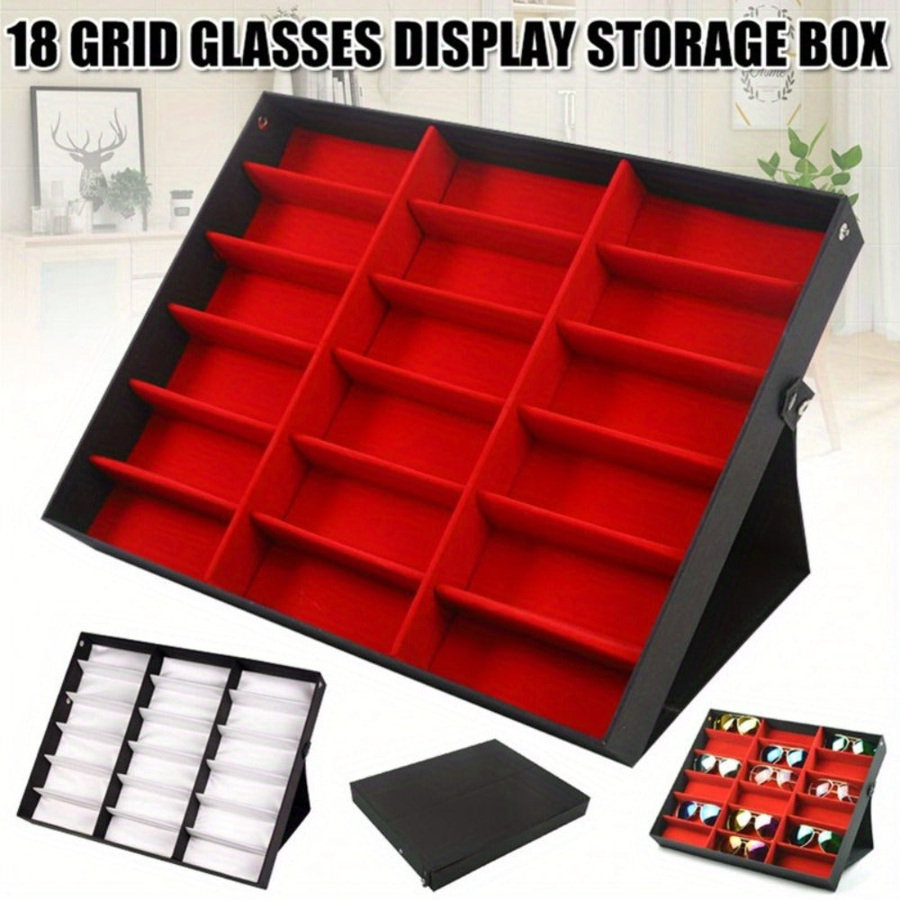 Eyeglass Organizer Box 18 Grid - Velvet Sunglasses Display Case with Foldable Cover, Scratch-Proof Storage for Glasses & Jewelry, Black or White