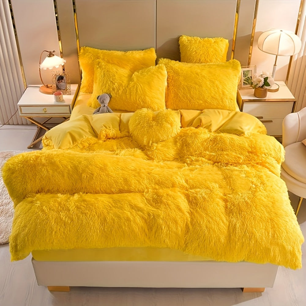 Faux Fur Duvet Cover Set Twin Queen King Super Soft Plush Comforter Cover with Pillowcases Heart Pillow for Kids Teens Machine Washable Bedroom Decor