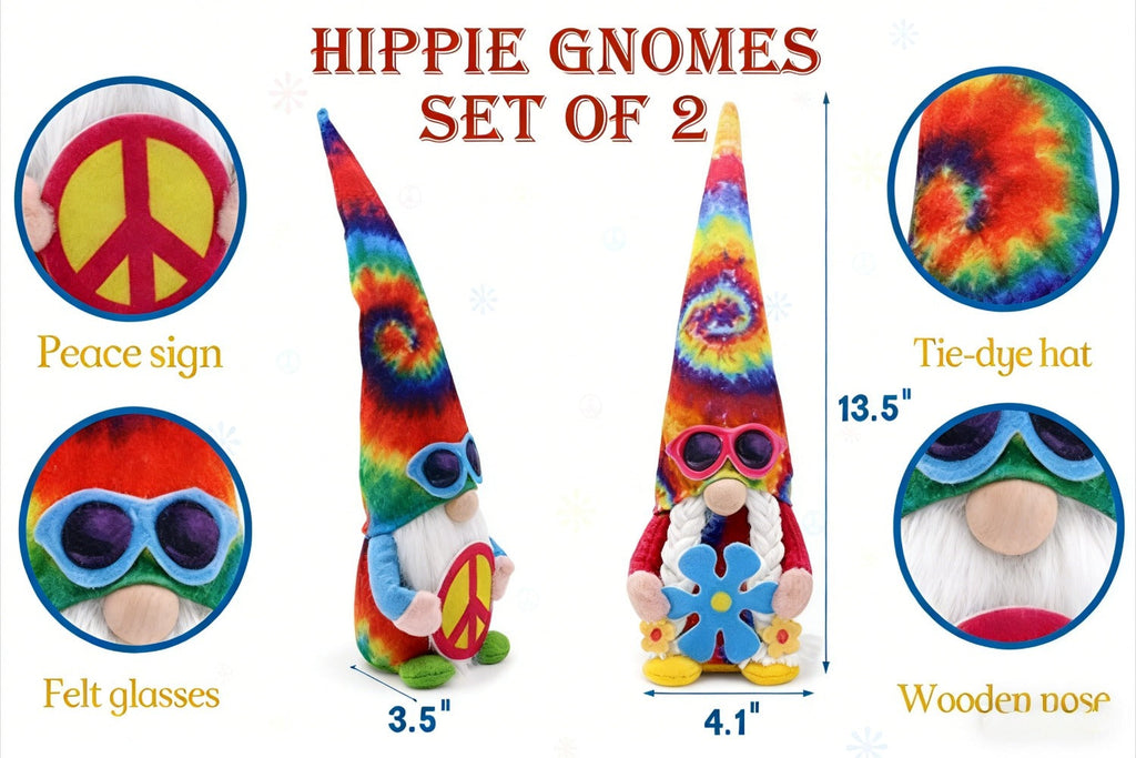 Hippie Gnomes Decorations 2 Pack ¨C Groovy Tie Dye Tomte Figurines with Peace Sign & Fashion Glasses, 13.5¡± Swedish Gnome Shelf Sitters for Farmhouse, Christmas, Halloween & Party Decor