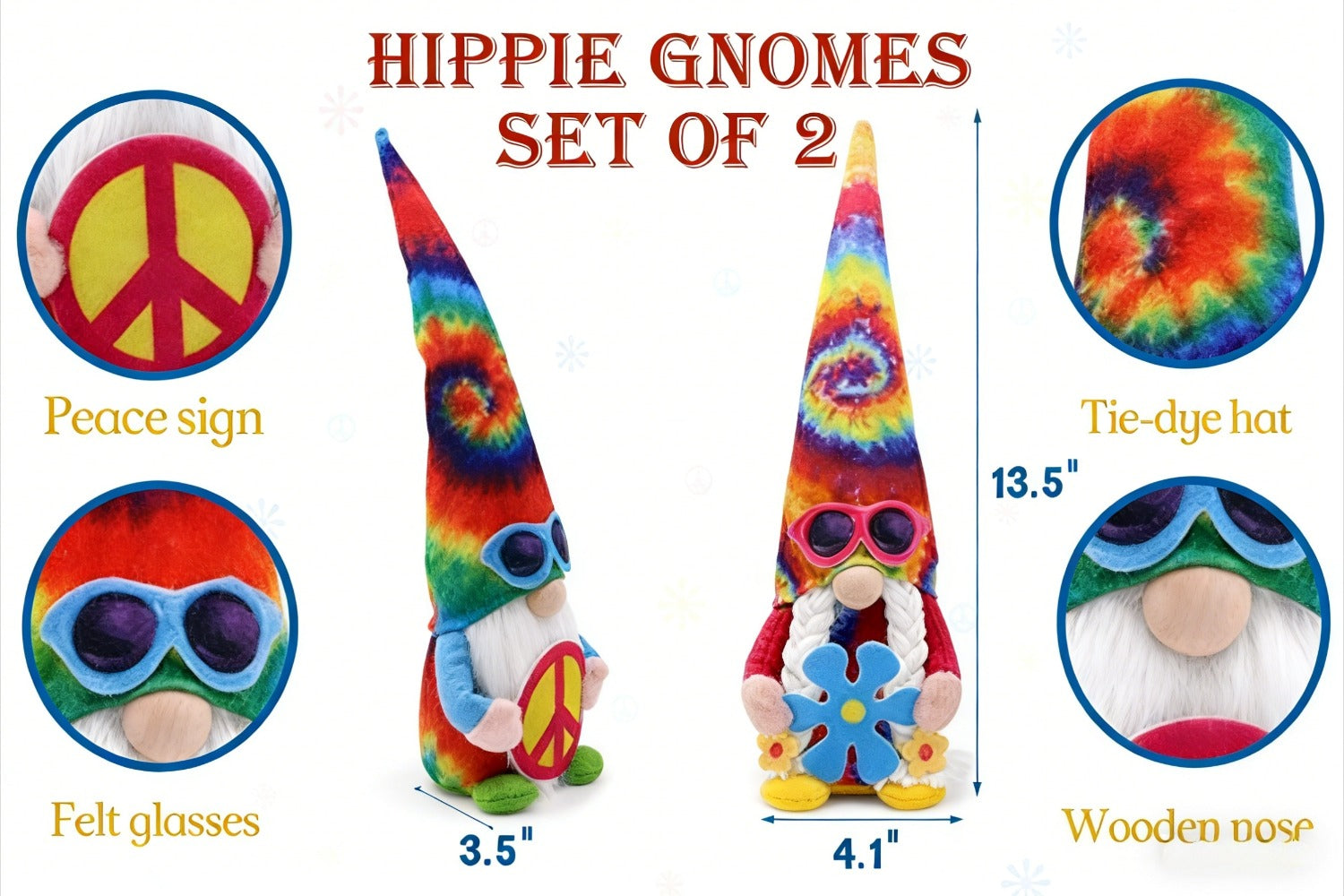 Hippie Gnomes Decorations 2 Pack ¨C Groovy Tie Dye Tomte Figurines with Peace Sign & Fashion Glasses, 13.5¡± Swedish Gnome Shelf Sitters for Farmhouse, Christmas, Halloween & Party Decor
