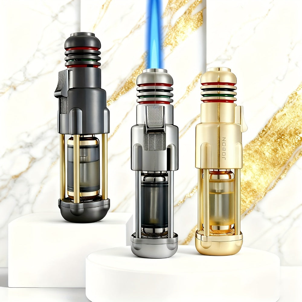 Butane Torch Lighter Windproof Jet Flame Zinc Alloy Refillable ¨C Visible Fuel Tank, Adjustable Blue Flame, Rocket Design for Camping, BBQ, Cigar & Outdoor Use, Grey & Golden (No Butane Included)
