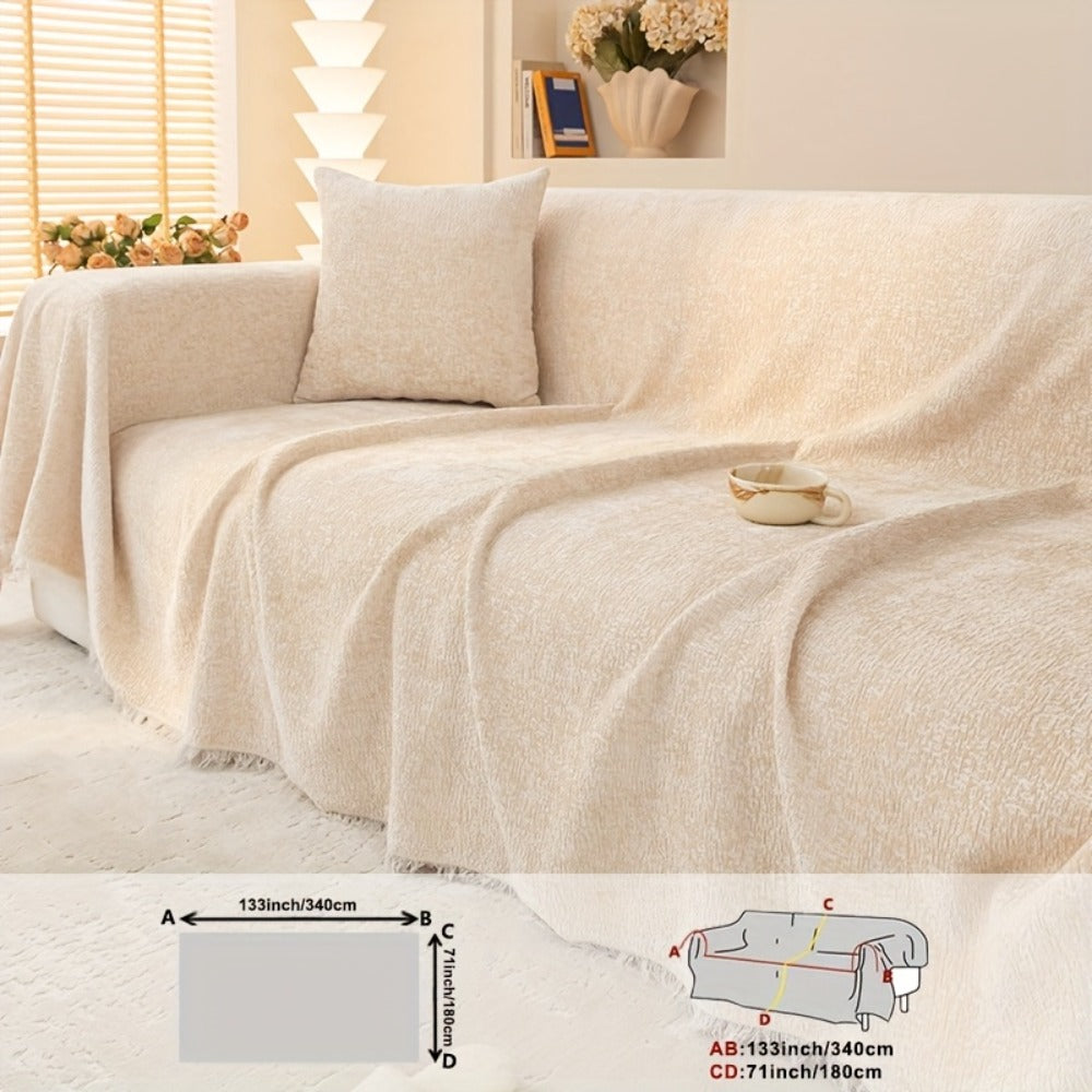 Chenille Sofa Cover with Fringe 300GSM - Super Soft Pet Friendly Solid Couch Slipcover for Single 2 4 Seater Living Room Decoration, 4 Colors