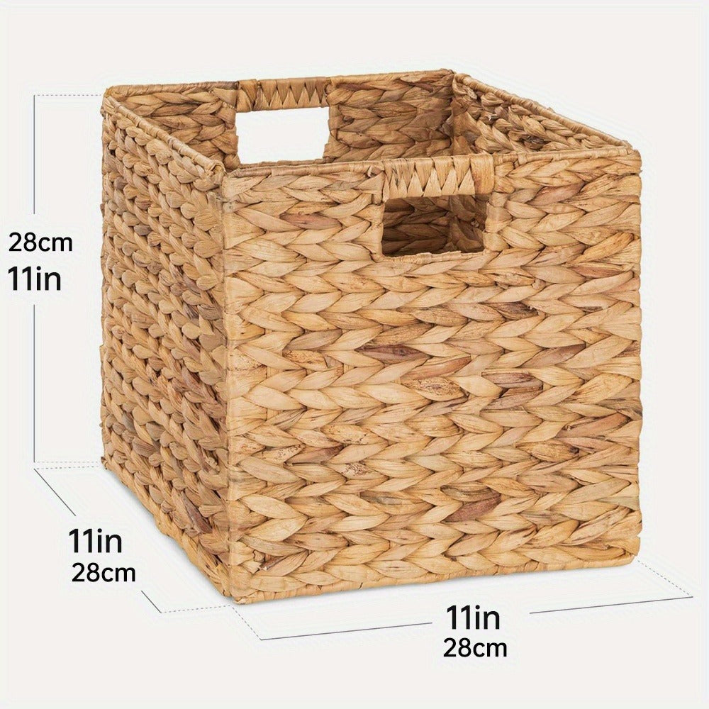Water Hyacinth Storage Baskets 11in - Handwoven Stackable Cube Baskets for Shelves Closet Laundry, Natural Wicker Organizer Bins